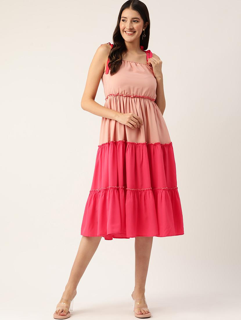 women color blocked shoulder strap tiered dress - 22028939 - Standard Image - 2