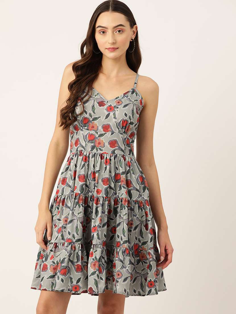 women printed shoulder strap tiered dress