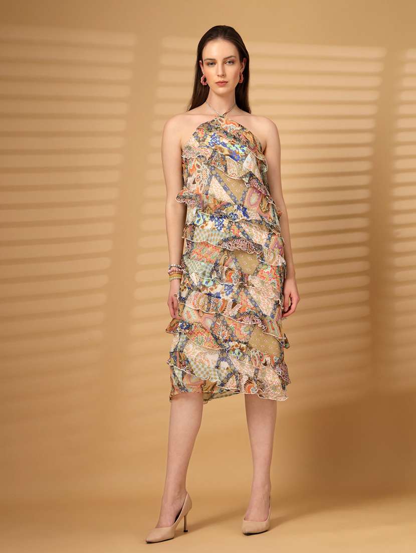 women printed halter neck ruffle dress