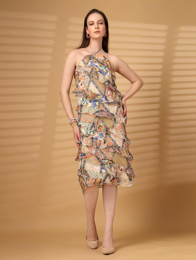 women printed halter neck ruffle dress - 22028944 - Standard Image - 2