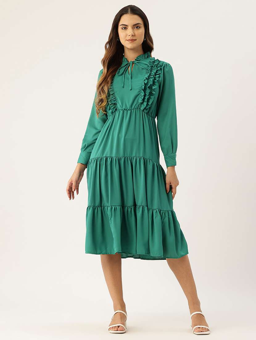 women green solid long sleev tiered dress
