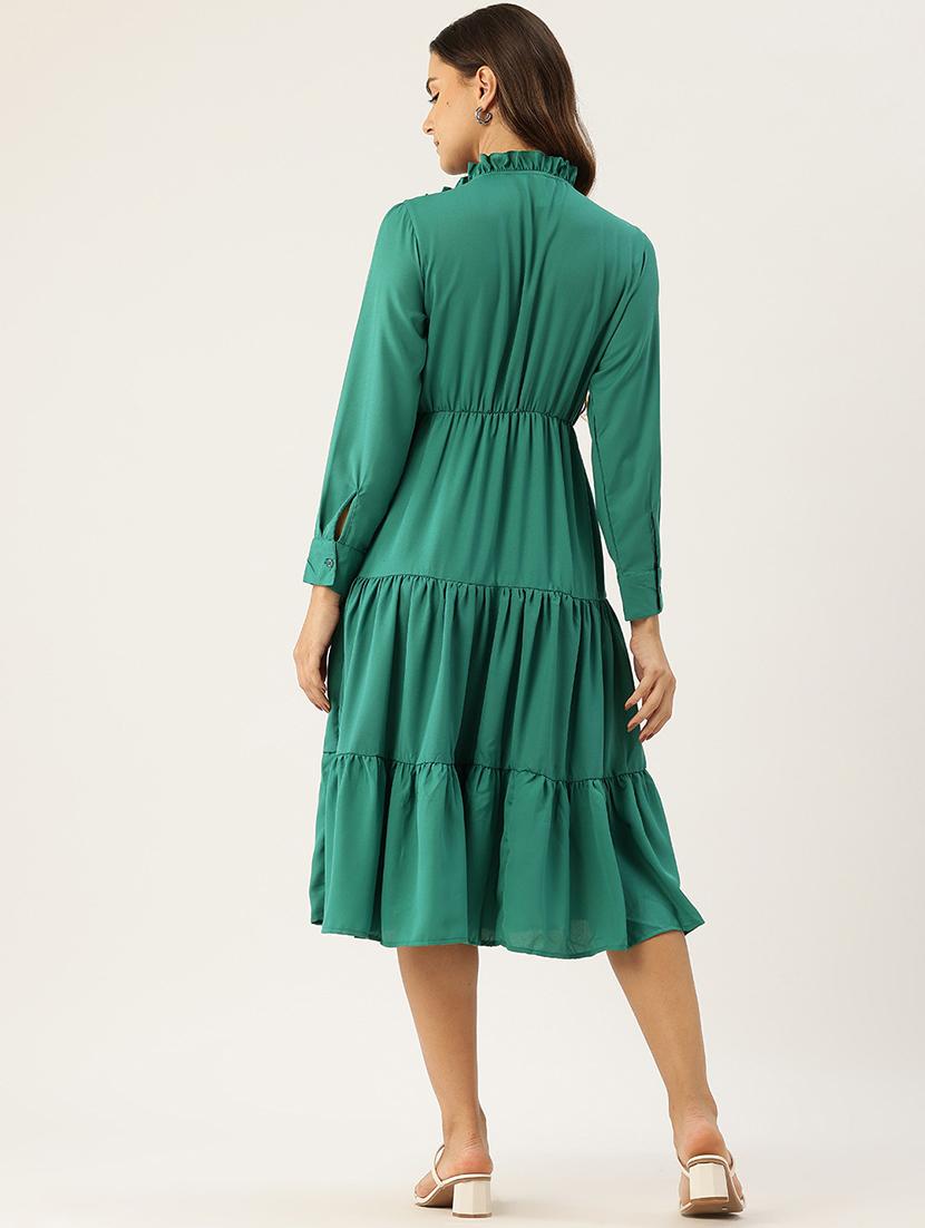 women green solid long sleev tiered dress - 22028989 - Standard Image - 2