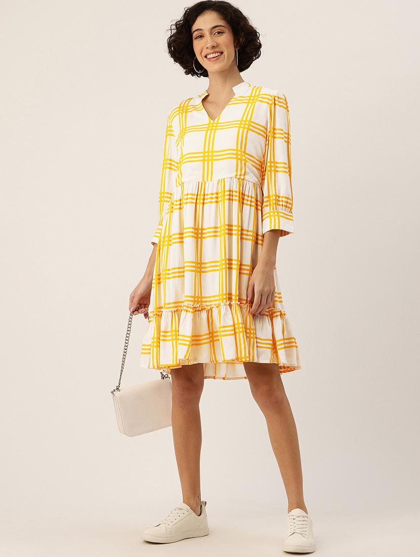 women checkered mandarin neck tiered dress - 22028995 - Standard Image - 2