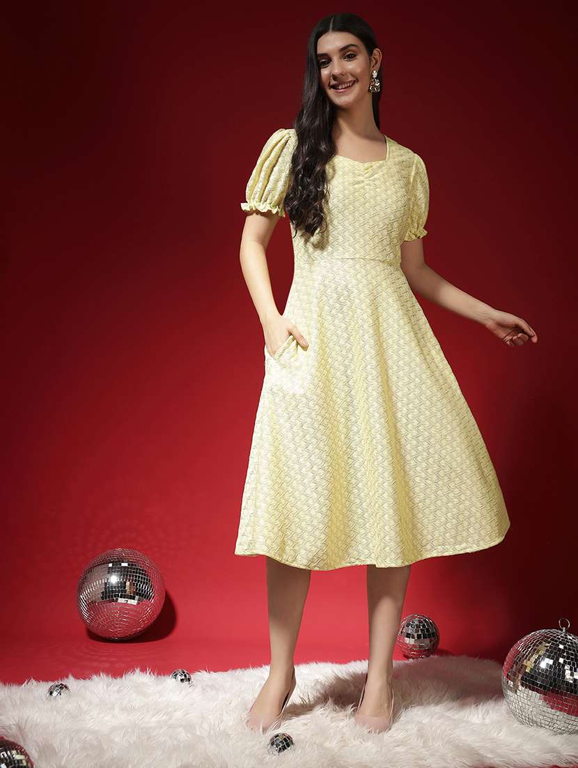 women yellow self designed puff sleeve a-line dress - 22029001 -  Standard Image - 2
