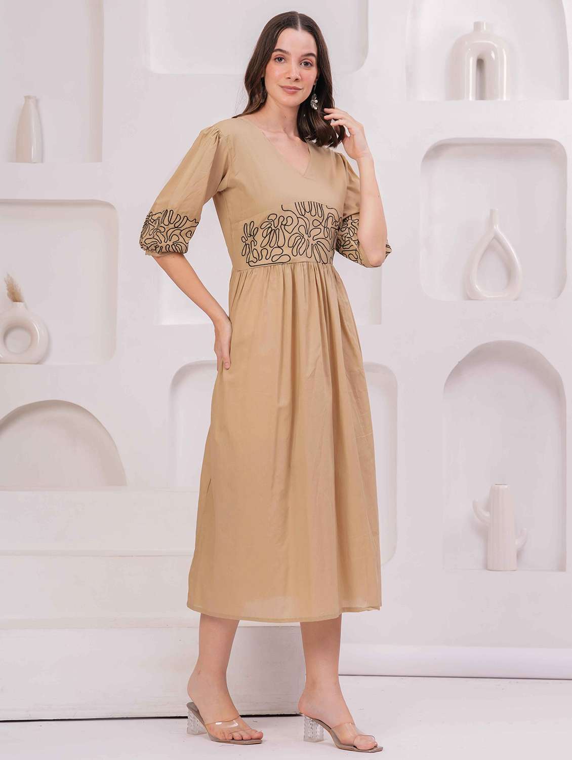 women embroidered puff sleeve fit & flare dress - 22029024 - Standard Image - 2