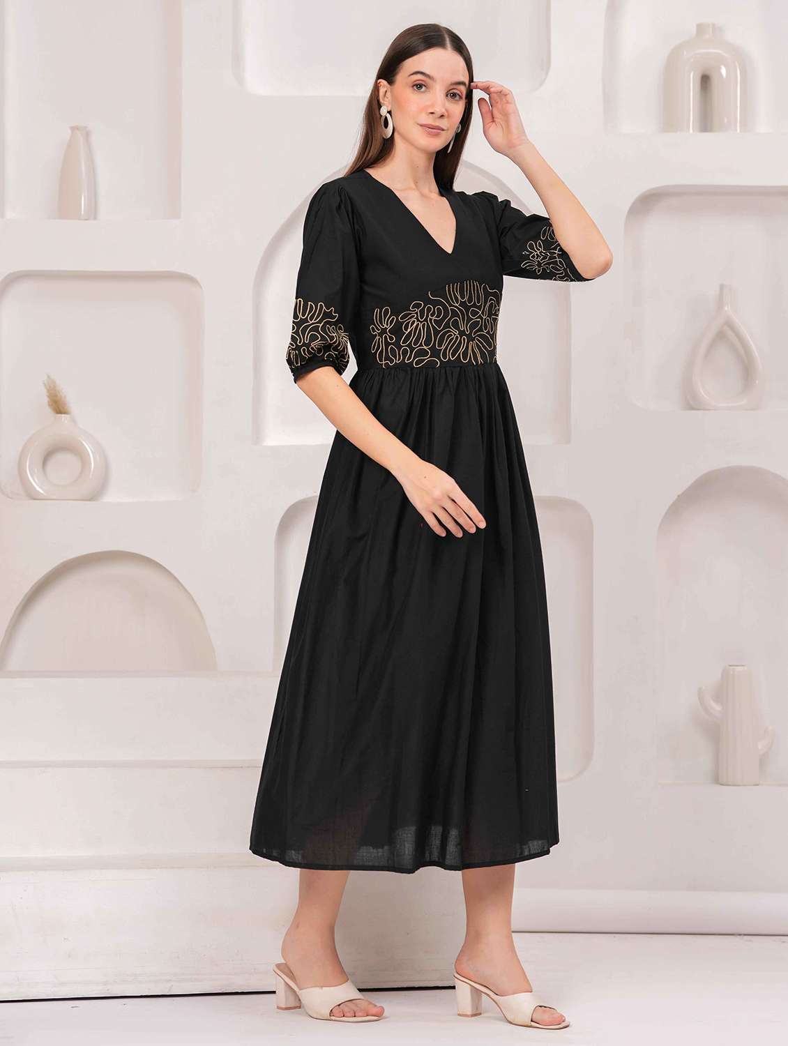 women embroidered puff sleeve fit & flare dress - 22029025 - Standard Image - 2