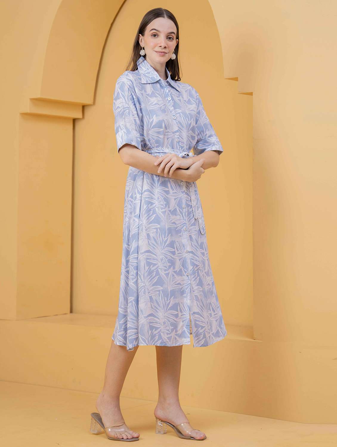 women printed roll up sleeve collared shirt dress - 22029032 - Standard Image - 2