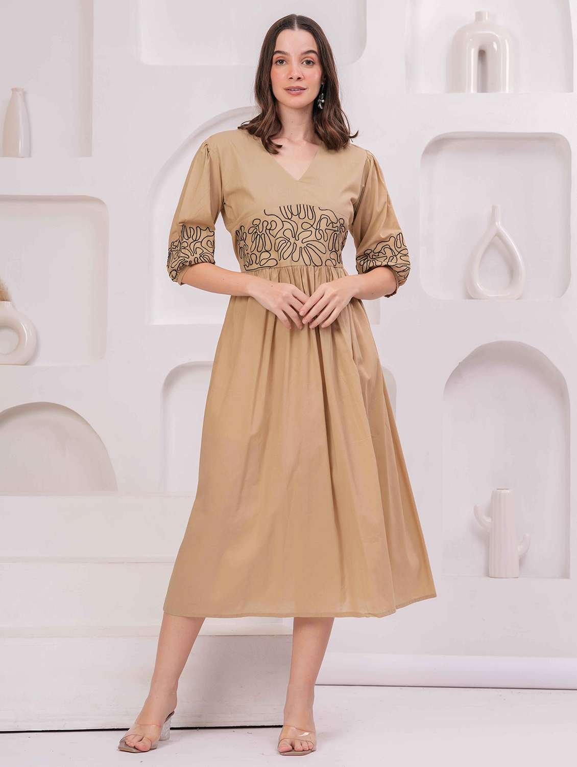 women embroidered puff sleeve fit & flare dress