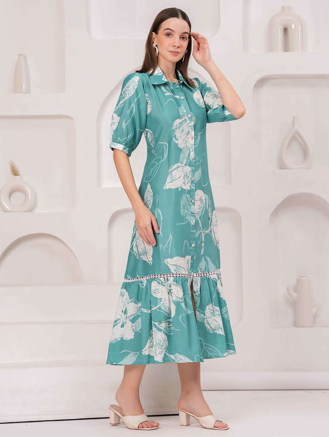 women floral print puff sleeve collared tiered dress - 22029055 - Standard Image - 2