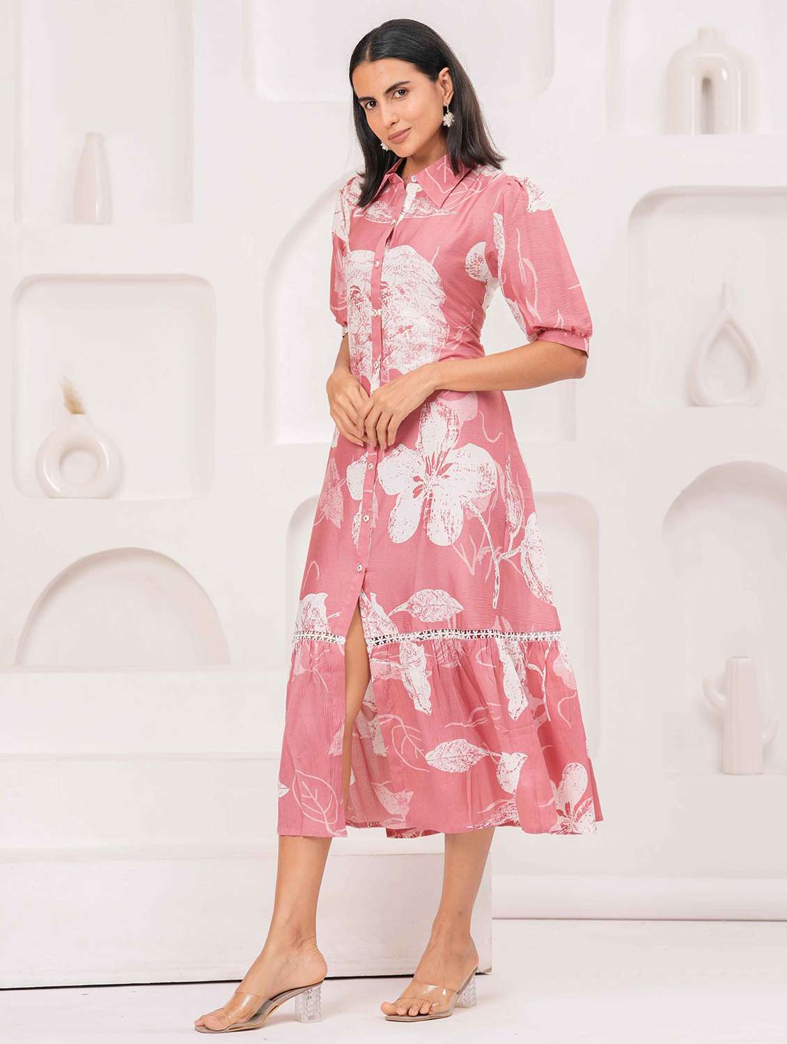 women floral print puff sleeve collared tiered dress - 22029062 - Standard Image - 2