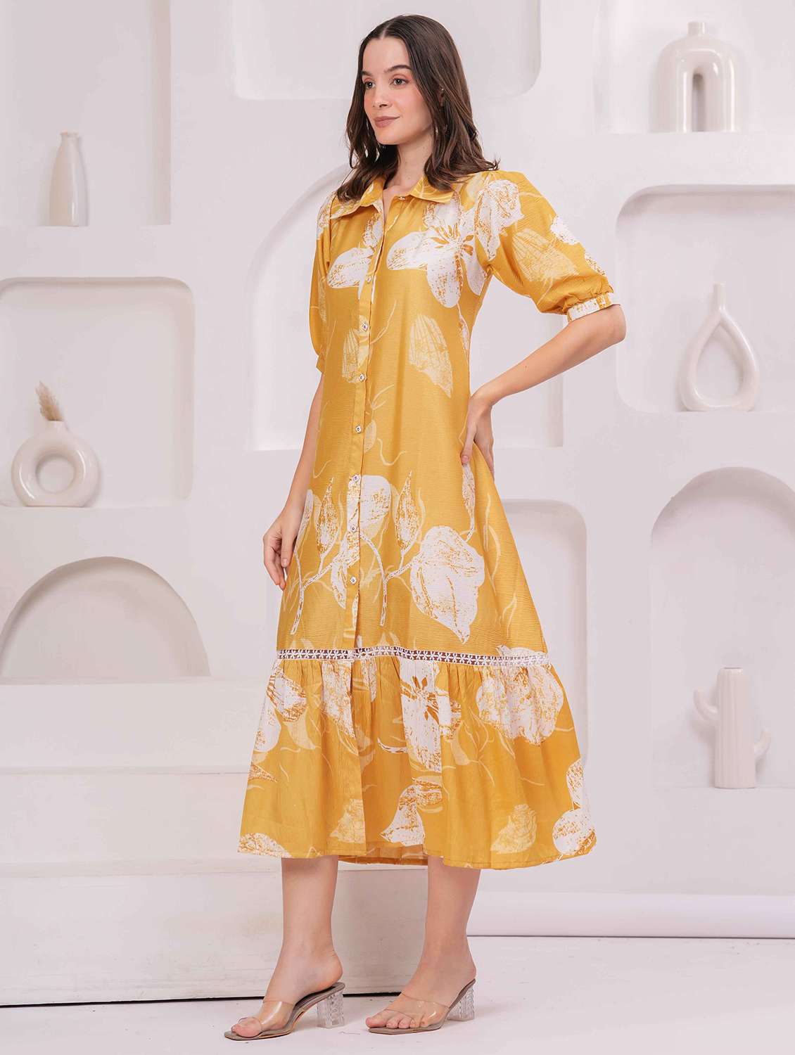 women floral print puff sleeve collared tiered dress - 22029065 - Standard Image - 2