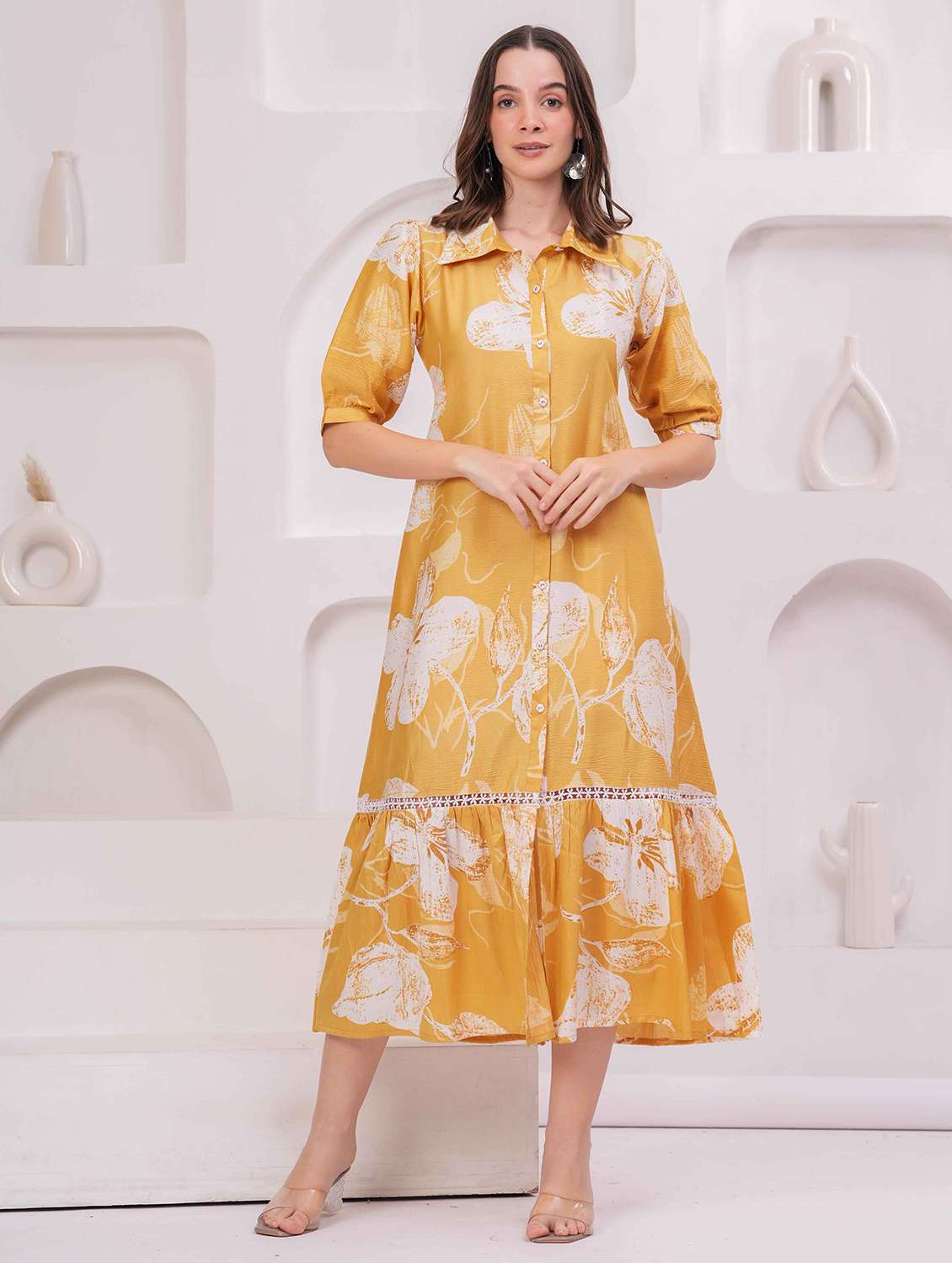 women floral print puff sleeve collared tiered dress - 22029074 - Zoom Image - 0