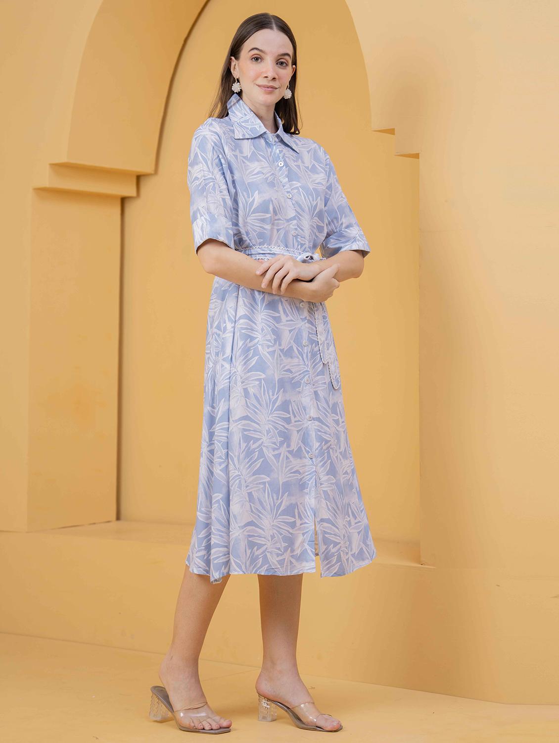leaf print light blue rayon shirt dress - 22029077 - Standard Image - 2