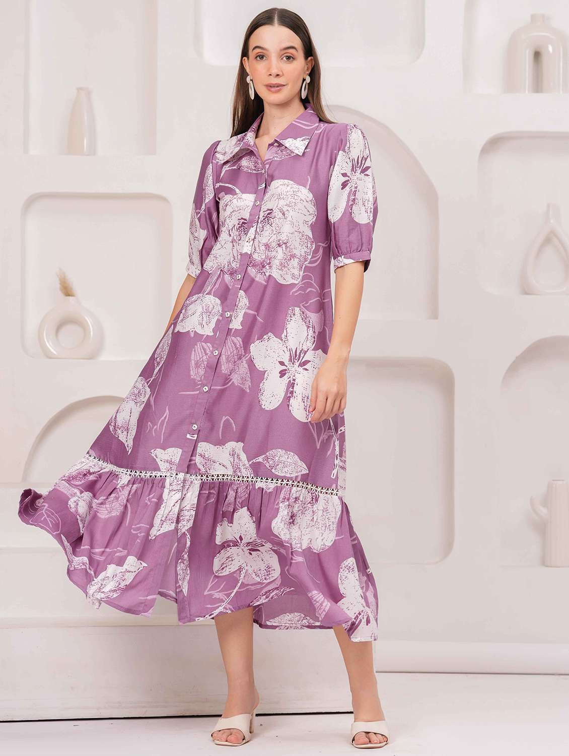 women floral print puff sleeve tiered dress - 22029081 - Standard Image - 2