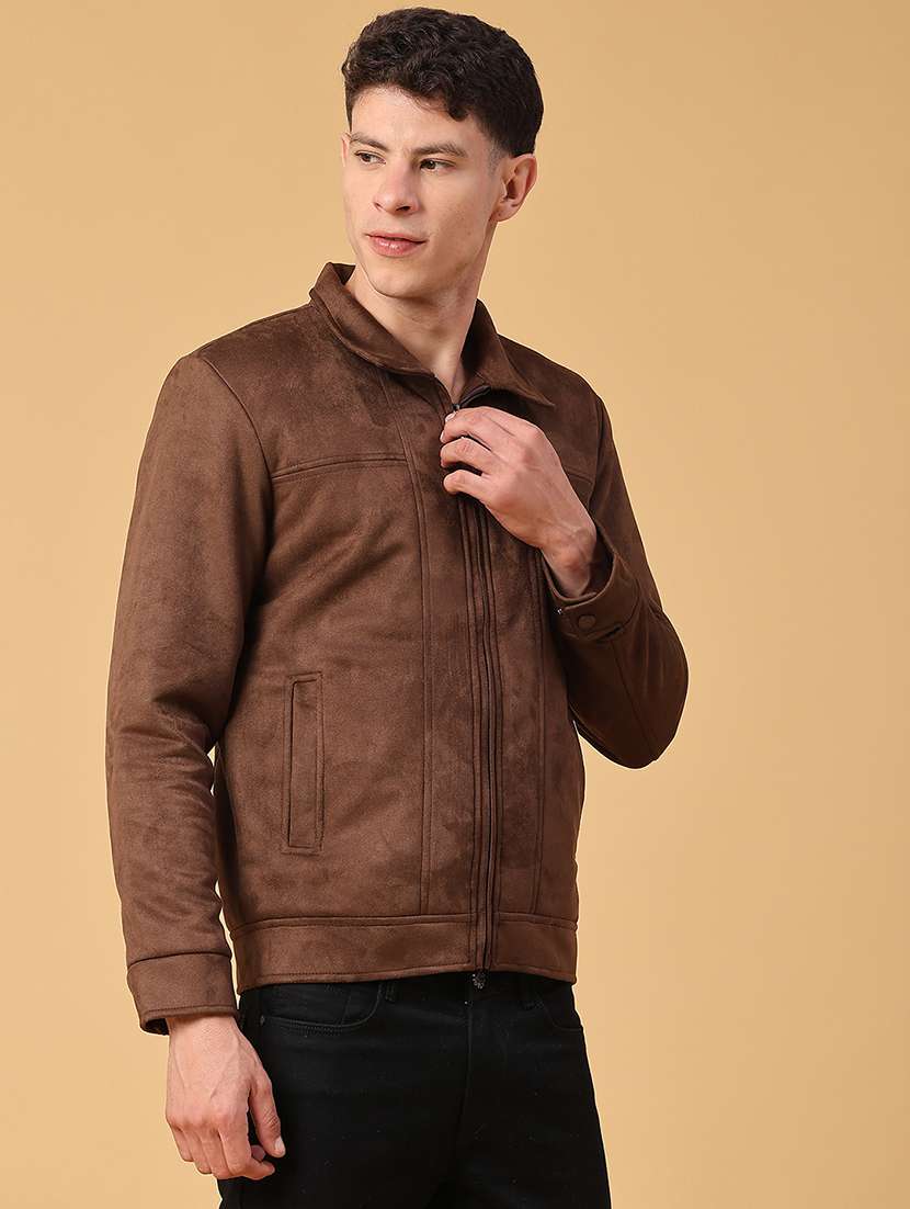 Men Brown Solid Long Sleeve Suede Casual Jacket - 22029770 -  Standard Image - 2