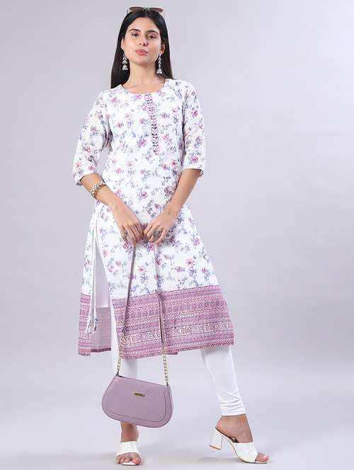 women floral printed three quarter sleeve straight kurta - 22029937 -  Standard Image - 0