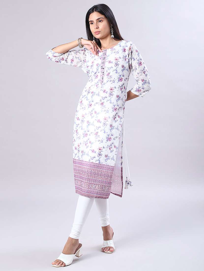 women floral printed three quarter sleeve straight kurta - 22029937 -  Standard Image - 2