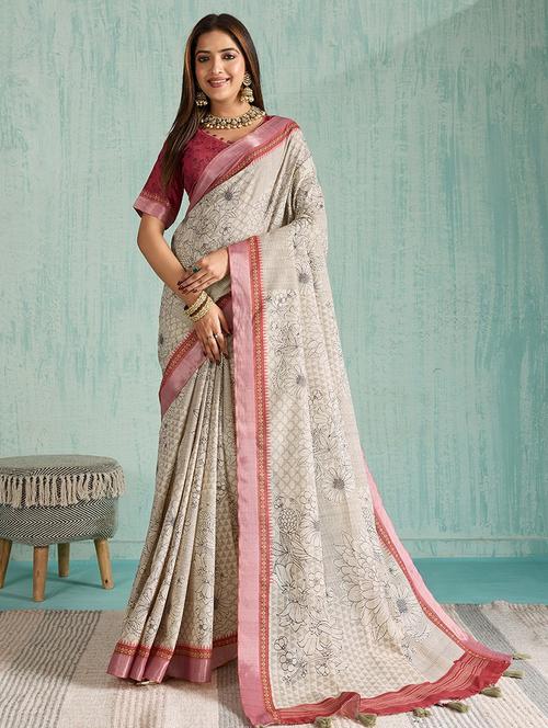 women floral printed bordered saree with blouse - 22030020 -  Standard Image - 0