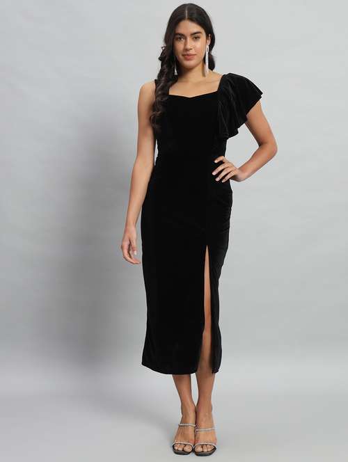 women solid single shoulder velvet bodycon dress - 22030072 - Standard Image - 0