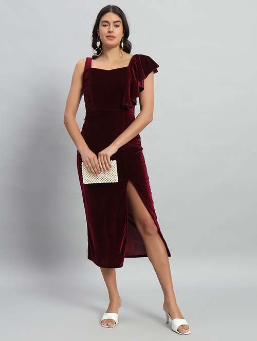 women solid single shoulder velvet bodycon dress - 22030073 - Standard Image - 0