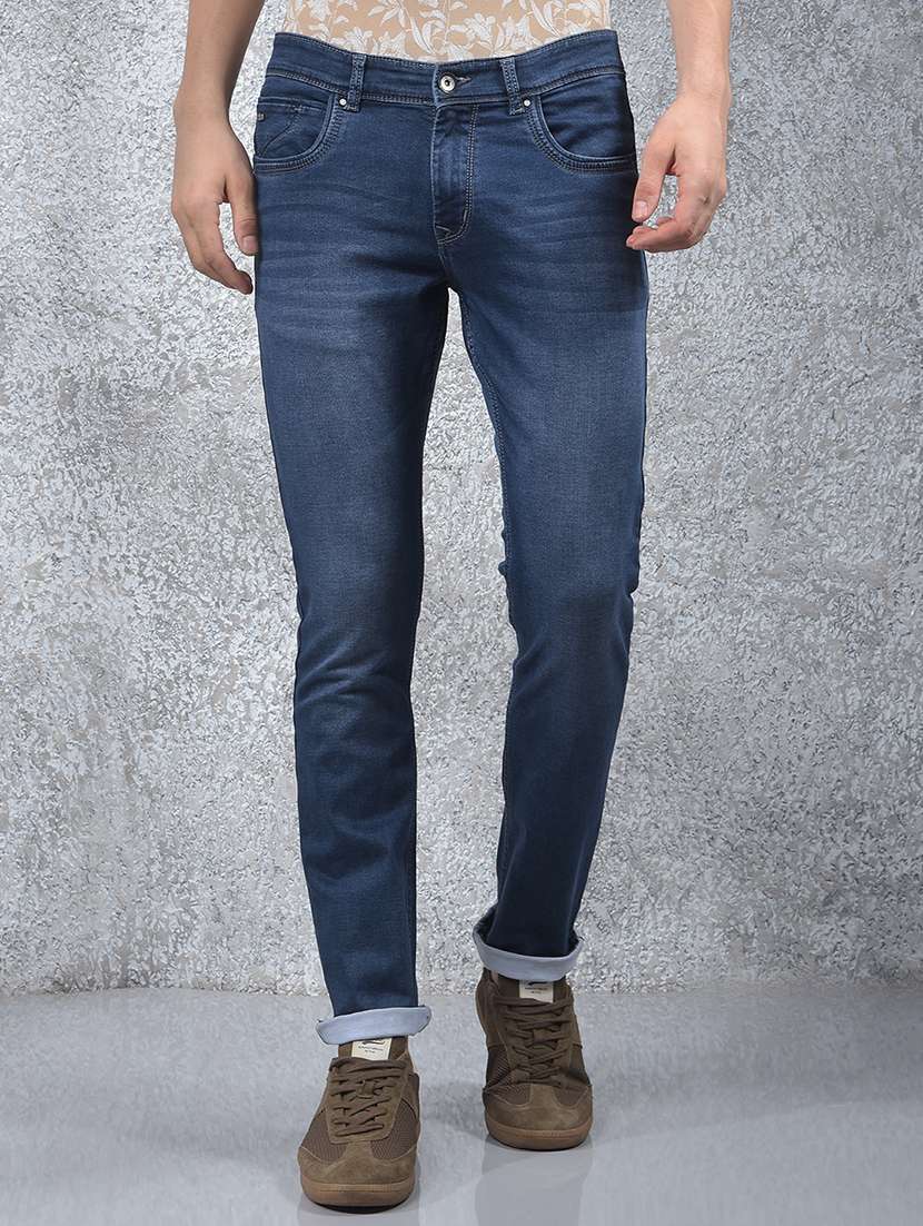 men washed mid rise full length jeans