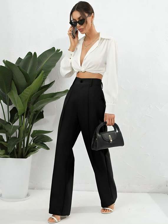 women solid high rise straight trouser - 22030546 -  Standard Image - 2