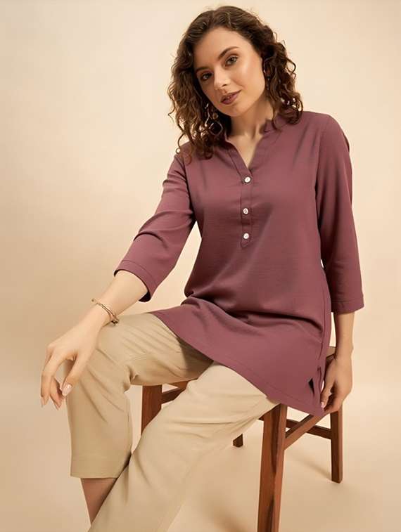 women solid three quarter sleeve tunic - 22030594 -  Standard Image - 2