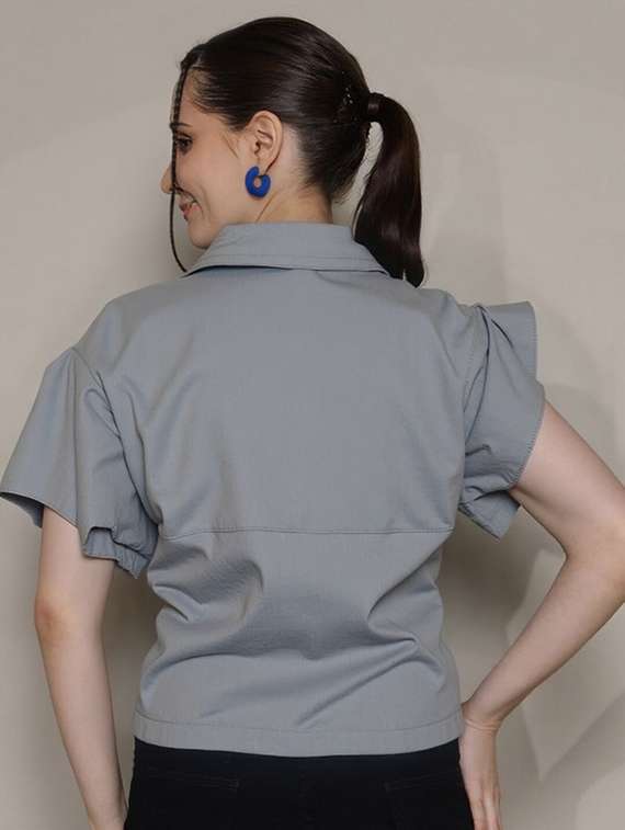 women grey solid short sleeve collared crop shirt - 22030690 -  Standard Image - 2