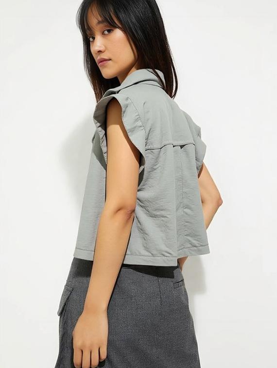 women grey solid cap sleeve collared crop shirt - 22030692 - Standard Image - 2
