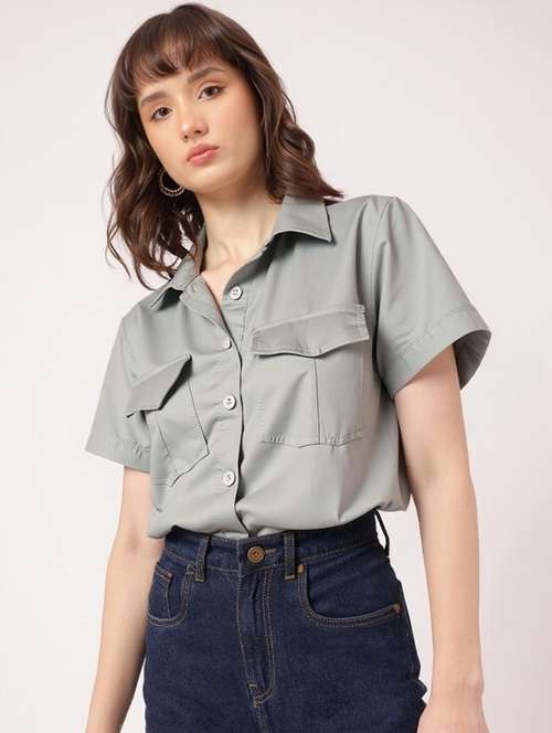 women grey solid short sleeve collared crop shirt - 22030693 - Standard Image - 0