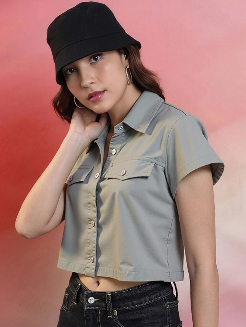 women grey solid short sleeve collared crop shirt - 22030694 - Zoom Image - 0