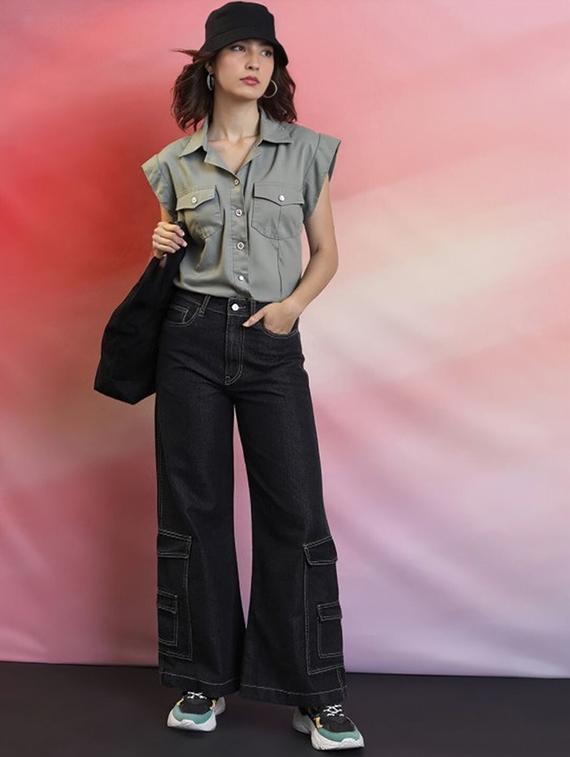 women grey solid short sleeve collared crop shirt - 22030694 - Standard Image - 2