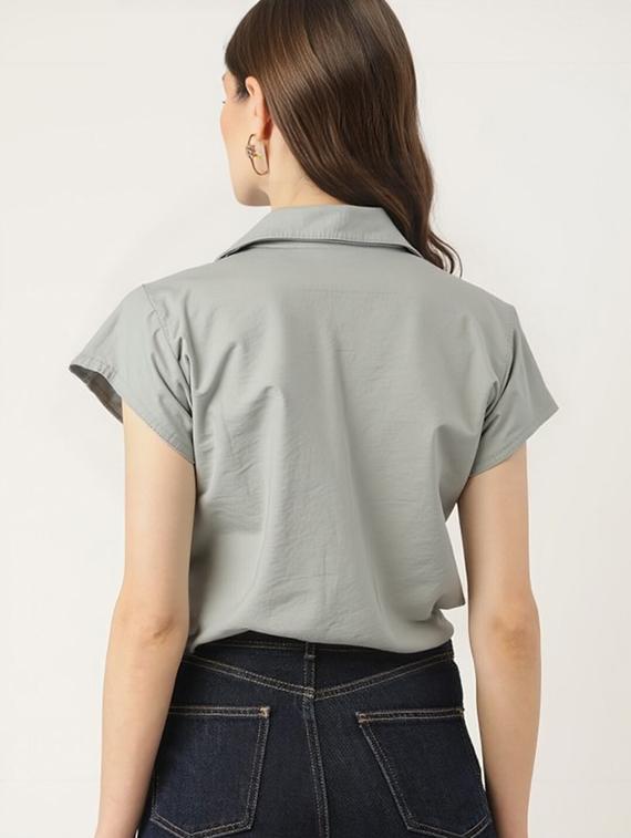 women grey solid short sleeve collared shirt - 22030695 - Standard Image - 2
