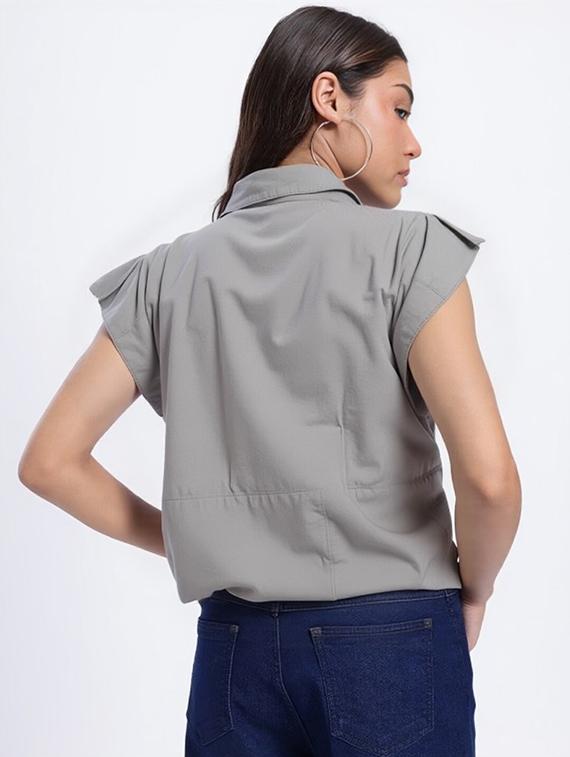 women grey solid short sleeve collared crop shirt - 22030696 - Standard Image - 2