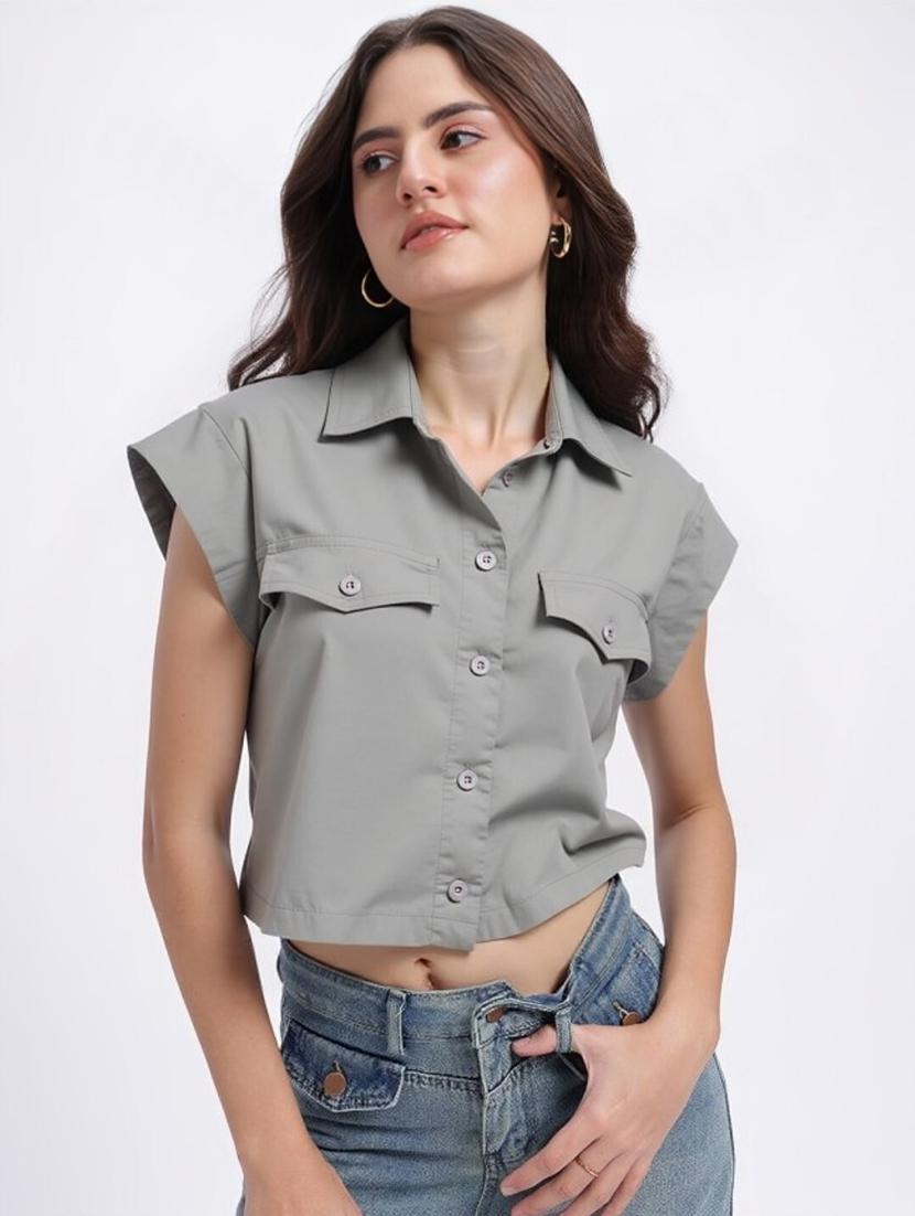 women grey solid short sleeve collared crop shirt - 22030697 - Zoom Image - 0