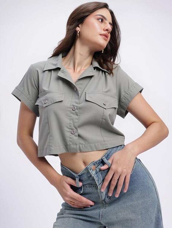women grey solid short sleeve collared crop shirt - 22030697 - Standard Image - 2