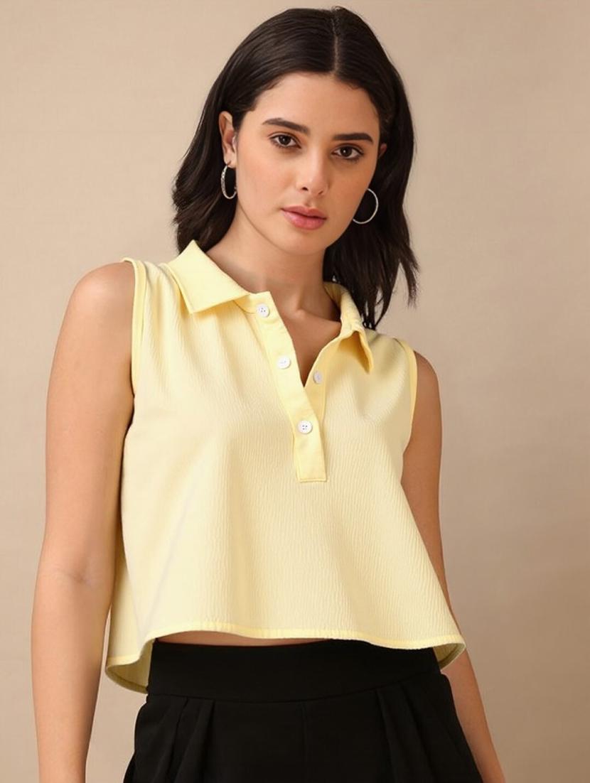 women solid collared regular fit crop top - 22030705 -  Zoom Image - 0