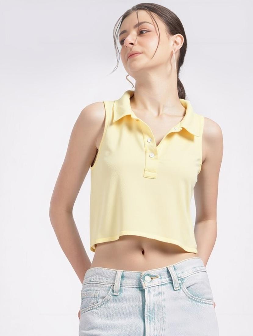 women solid collared regular fit crop top - 22030707 - Zoom Image - 0