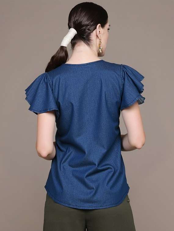 women solid with work tie up neck top - 22030715 -  Standard Image - 2