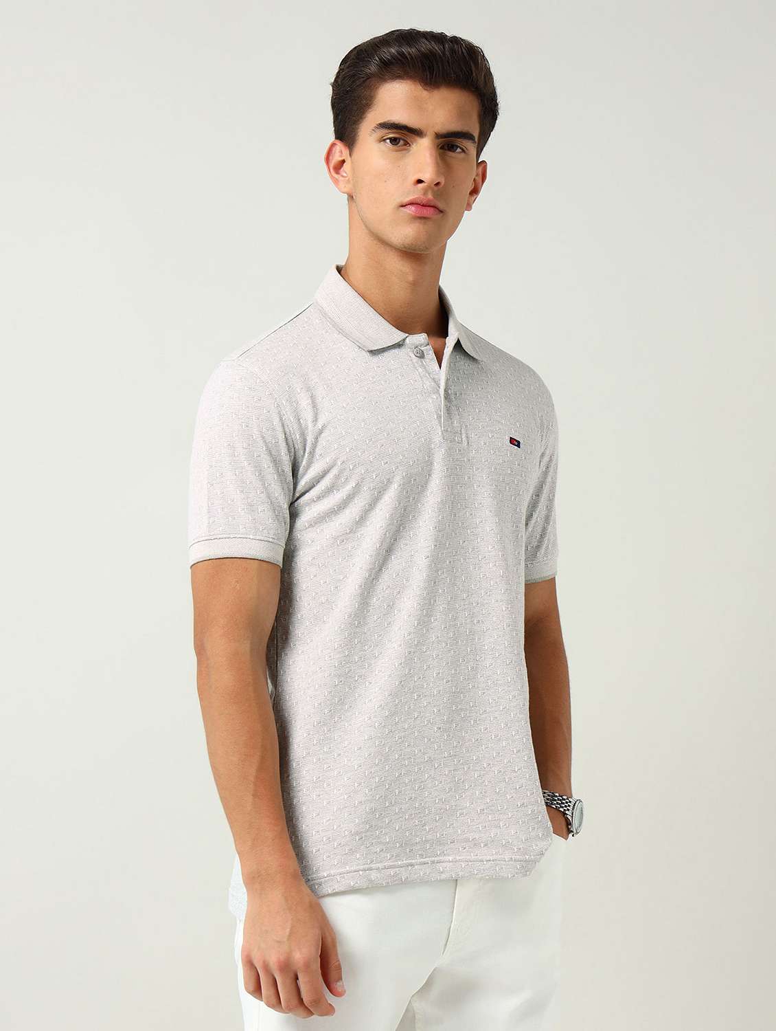 Men Self Design Short Sleeve Slim Fit Polo T Shirt