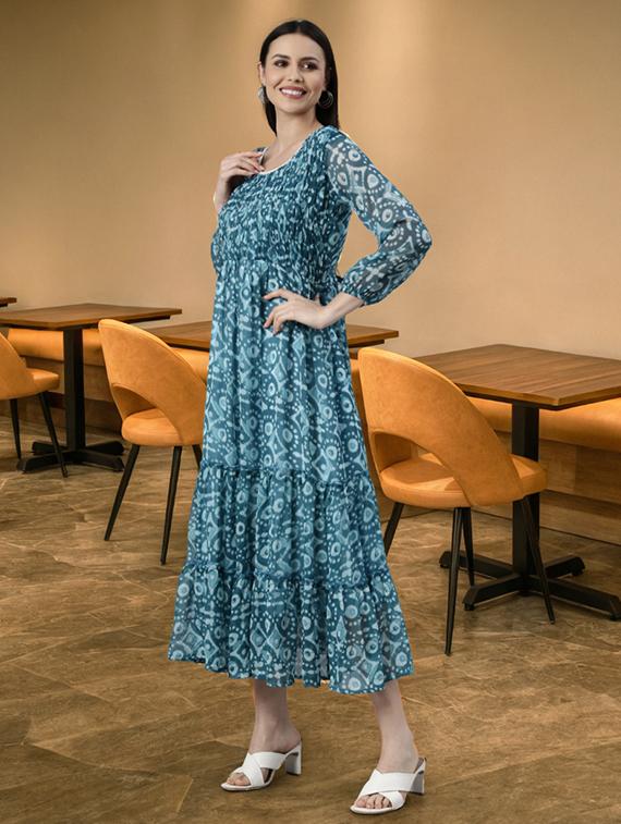 women printed long sleeve tiered midi dress - 22030919 - Zoom Image - 0