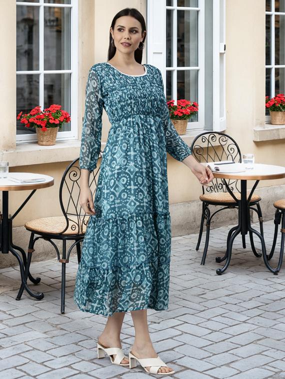 women printed long sleeve tiered midi dress - 22030919 - Standard Image - 2