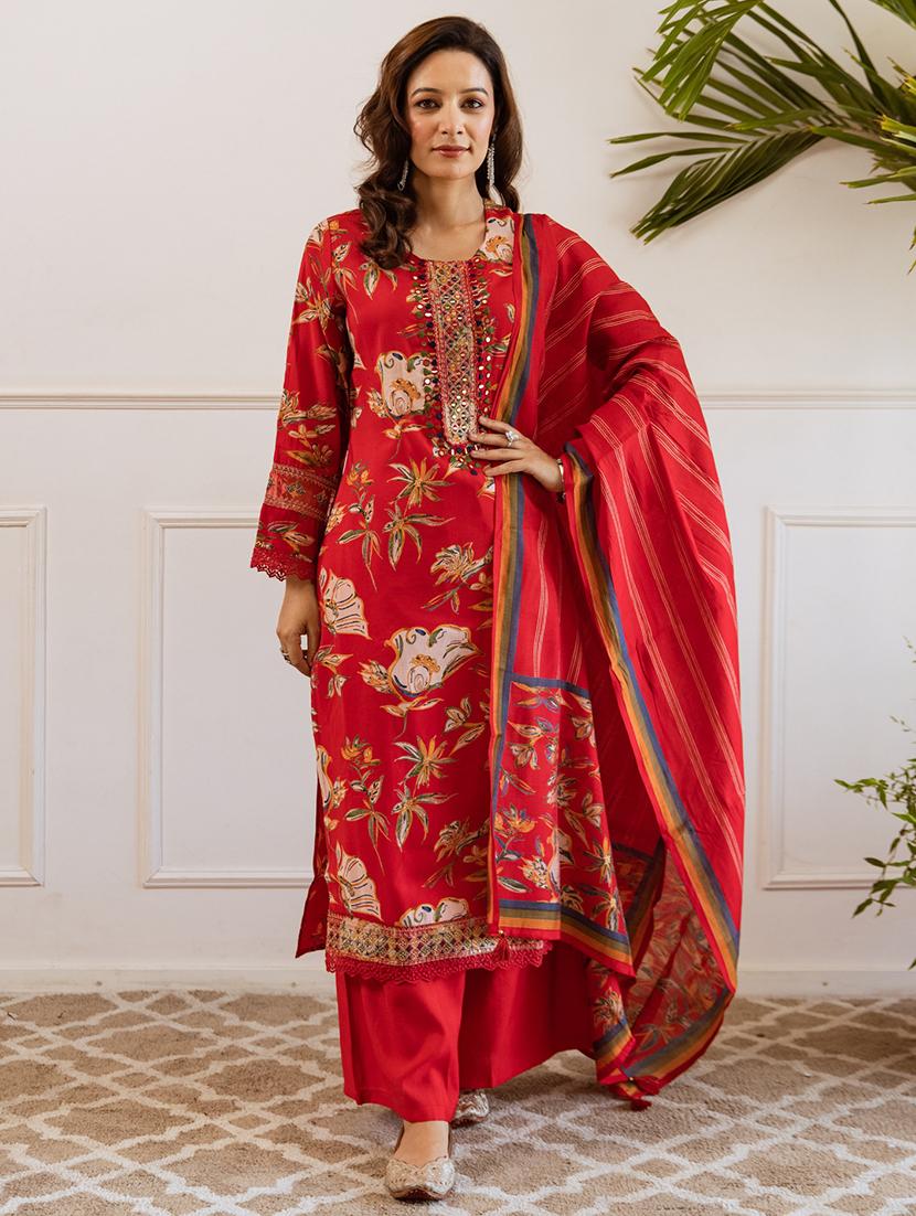 women floral long sleeve kurta palazzo with dupatta set - 22030926 - Standard Image - 2