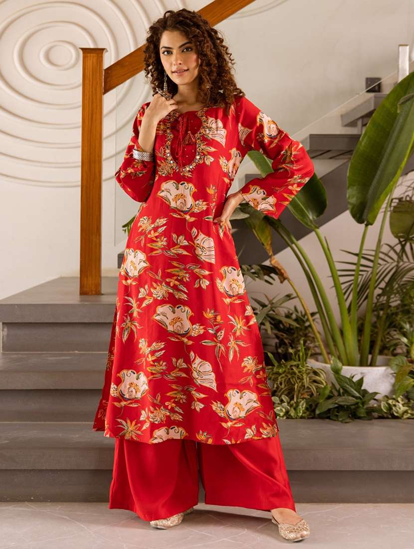 women floral long sleeve kurta palazzo set - 22030927 -  Zoom Image - 0