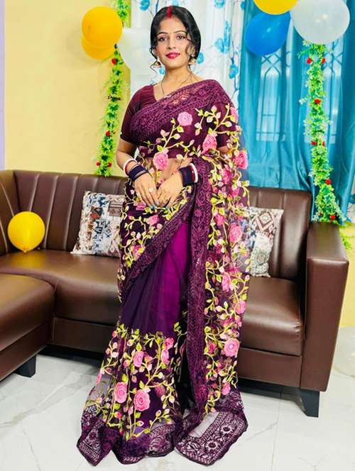 women solid with work embroidered saree with blouse - 22031009 - Standard Image - 0