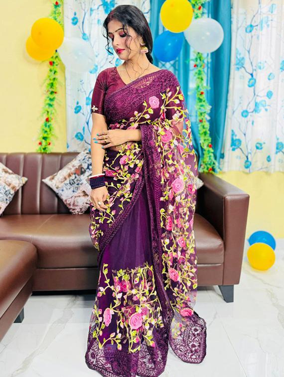 women solid with work embroidered saree with blouse - 22031009 - Standard Image - 2
