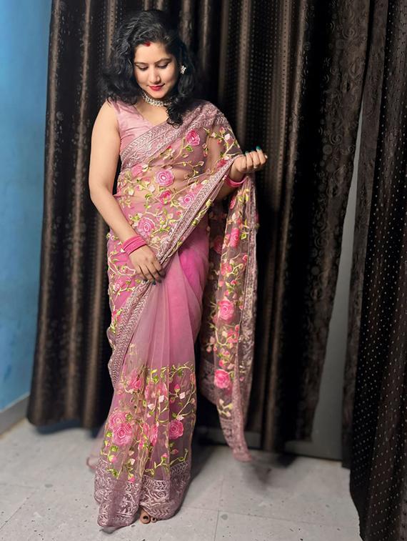 women solid with work embroidered saree with blouse - 22031010 - Standard Image - 2