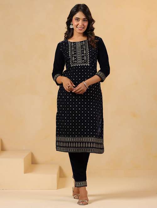 women embroidered round neck kurta and pant set - 22031057 -  Standard Image - 0