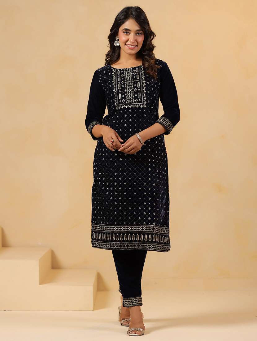 women embroidered round neck kurta and pant set - 22031057 -  Zoom Image - 0