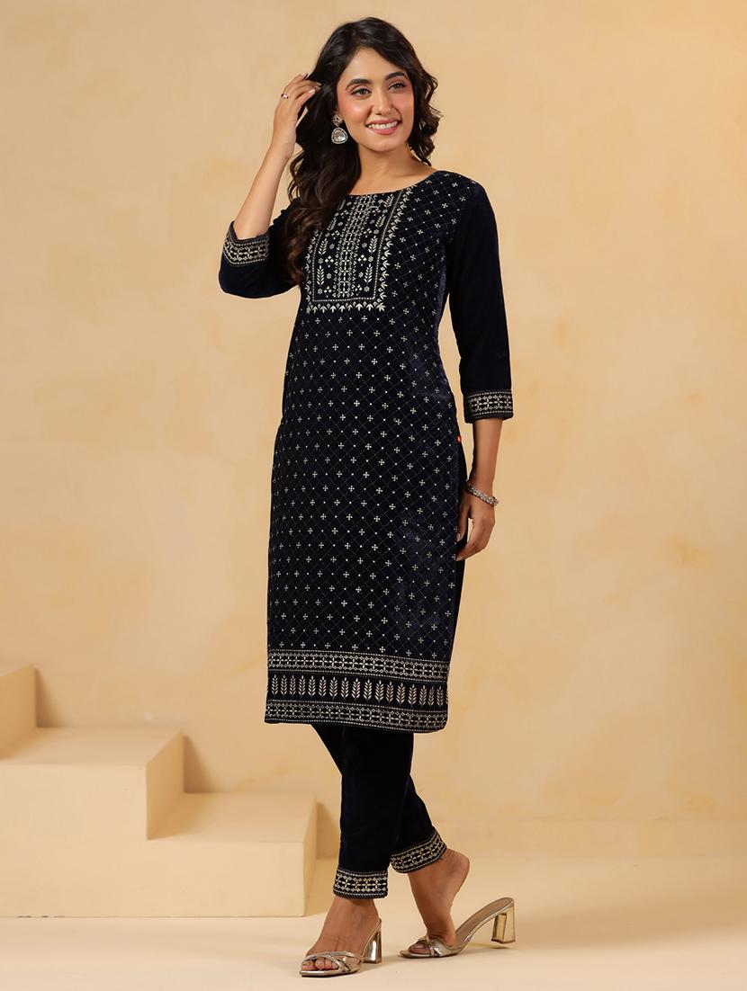 women embroidered round neck kurta and pant set - 22031057 - Standard Image - 2